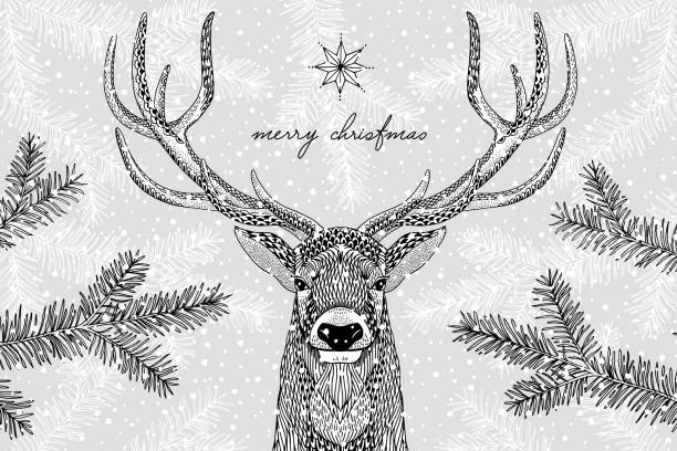 Illustration of a cute reindeer in winter - Christmas card vector art illustration