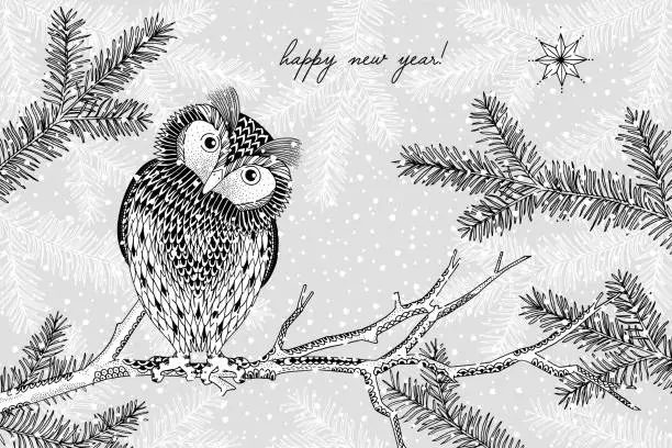 Vector illustration of Illustration of a cute owl in winter - Christmas card