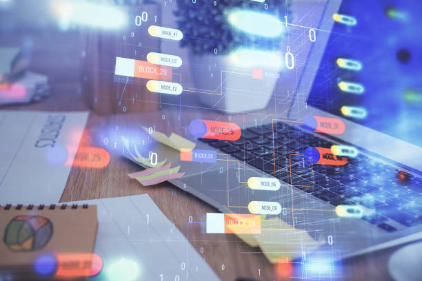 istock Technology theme drawing and table with computer. Double exposure. Concept of information. 1283931716