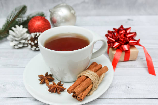 Cup of tea and Christmas decorations