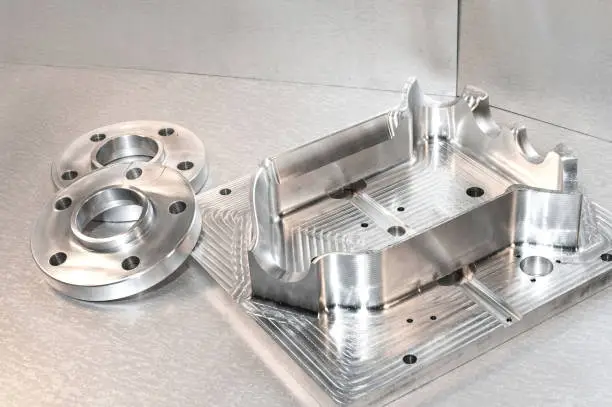 Metal mold/blank and steel flanges. Milling and drilling industry. CNC technology. Mechanical engineering. Indoors horizontal image