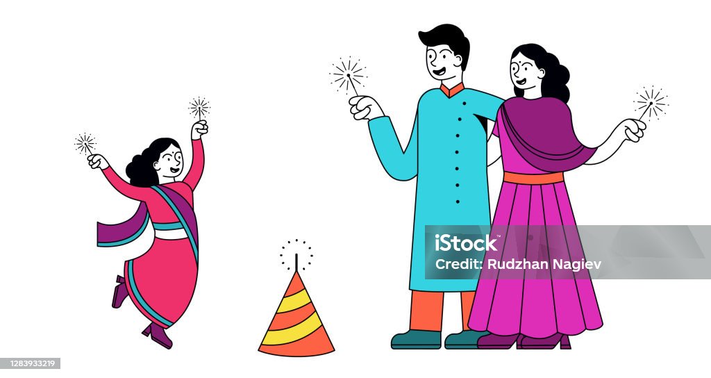 Indian Family Celebrating Diwali Festival Stock Illustration - Download  Image Now - Diwali, Girls, Father - iStock