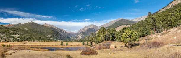 Panoramic view over the Sheep Lake and the Rocky Mountains behind, Rocky Mountain National Park, Colorado Panoramic view over the Sheep Lake and the Rocky Mountains behind, Rocky Mountain National Park, Colorado colorado rocky mountain national park lake mountain stock pictures, royalty-free photos & images