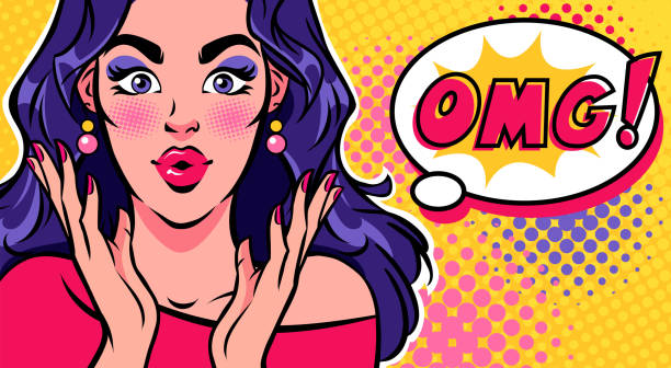 ilustraciones, imágenes clip art, dibujos animados e iconos de stock de cartel de arte pop con mujer sorprendida diciendo omg! - omg