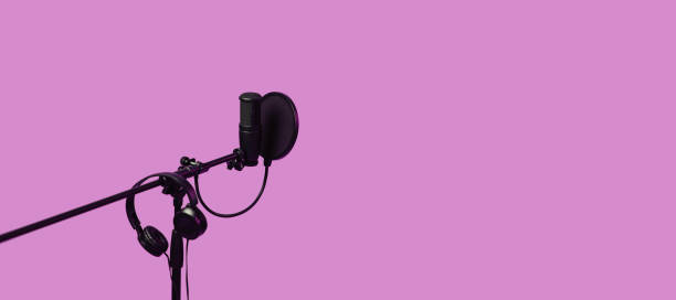 istock Items for podcasting: professional microphone and earphones isolated on pink  background. Place for text. 1283940690