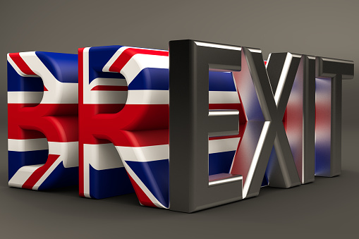 3d rendering of BREXIT concept. The UK is thus on course to leave the EU. Brexit Text on gray background. Deal or no deal. Brexit referendum campaign.