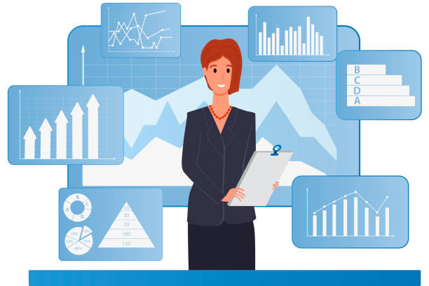 istock A woman works in an office with an infographic in the background 1283943244