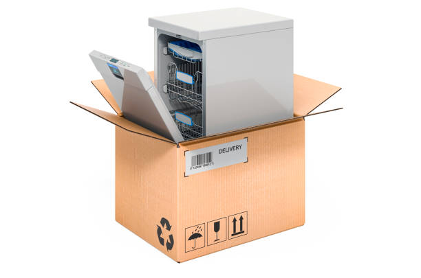 istock Dishwasher inside cardboard box, delivery concept. 3D rendering isolated on white background 1283943933