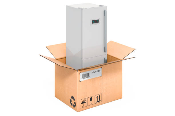 istock Refrigerator inside cardboard box, delivery concept. 3D rendering isolated on white background 1283943993