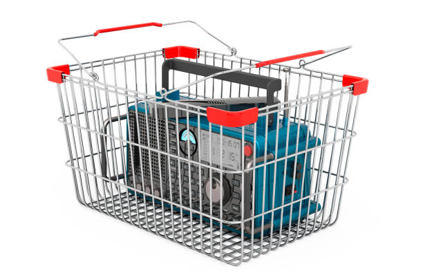 istock Digital receiver radio inside shopping basket, 3D rendering isolated on white background 1283944009