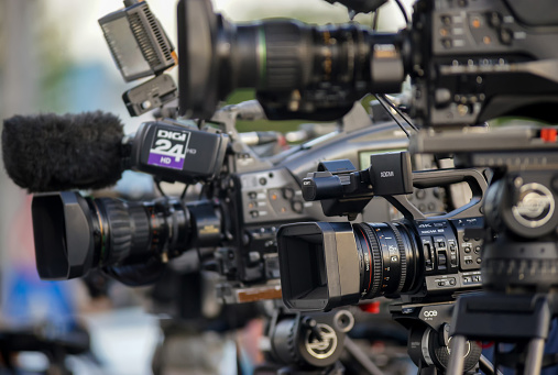 Bucharest, Romania -  September 29, 2020: A Panasonic XDCAM handheld camcorder of a news TV channel is seen at a news event in Bucharest.