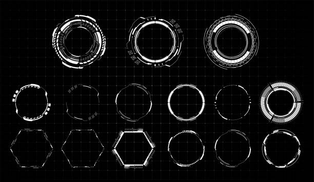 hud 미래 흰색 요소. 서클 추상적 디지털 기술 ui 미래지향적인 집합입니다. 추상 원 기하학적 모양입니다. 디자인 요소입니다. 폭발 배경. 플랫 디자인. 벡터 일러스트레이션 - heads up display stock illustrations