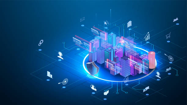 Intelligent building automation system business concept. Building consists digits and connected with icons of domestic smart devices. Smart City for banner and website. Landing page template. Intelligent building automation system business concept. Building consists digits and connected with icons of domestic smart devices. phone charging station icon stock illustrations