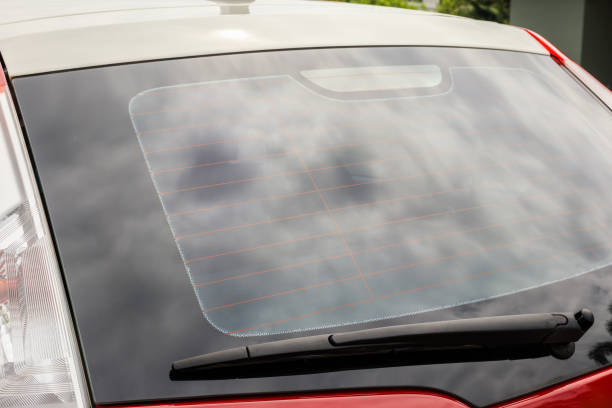 istock Back view of red car window for sticker mockup 1283955016