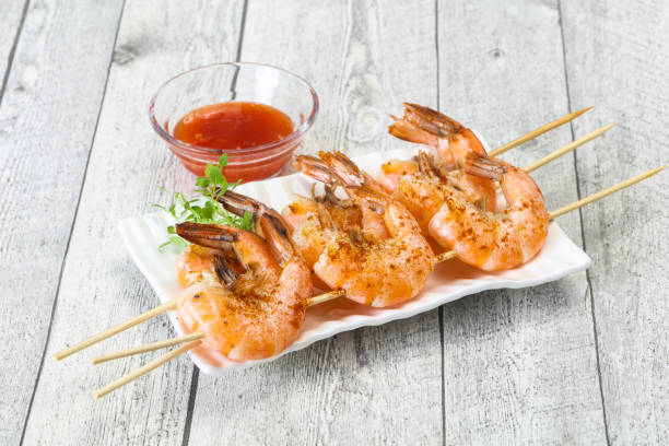istock Grilled prawn skewer with sauce 1283960746