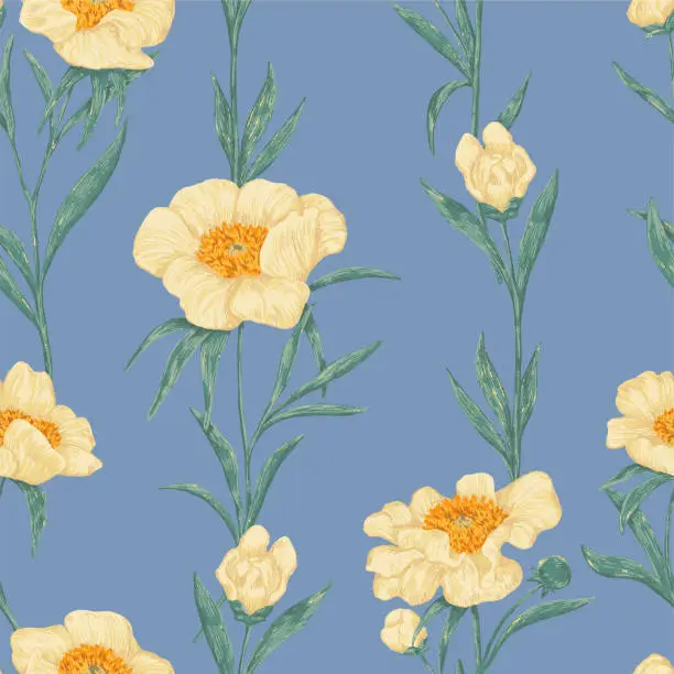 Vector illustration of Peony Claire de Lune plants seamless pattern. Hand drawn vector illustration. Realistic botanical background. Wildflowers retro sketch. Colored vintage design, print, fabric, textile, wrap, wallpaper.