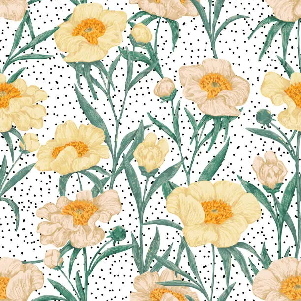 Vector illustration of Peony Claire de Lune plants seamless pattern. Hand drawn vector illustration. Abstract botanical background. Wildflowers retro sketch. Colored vintage design, print, fabric, textile, wrap, wallpaper.