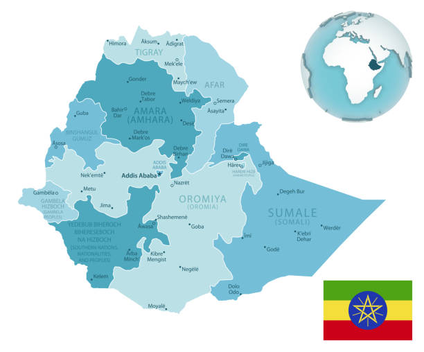 äthiopien administrative blau-grüne karte mit landflagge und lage auf einem globus. - äthiopien stock-grafiken, -clipart, -cartoons und -symbole