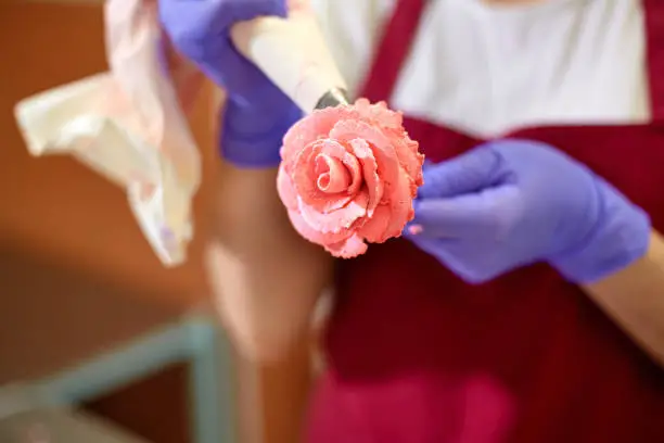 The pastry chef makes a rose flower out of buttercream to decorate the cake. The cream is squeezed out of the pastry bag through a special nozzle
