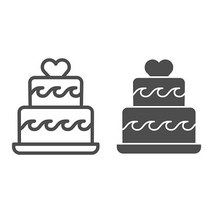Two tiered cake with heart line and solid icon, Birthday cupcake concept, wedding cake sign on white background, Two-tiered festive souffle with decor icon in outline style. Vector graphics