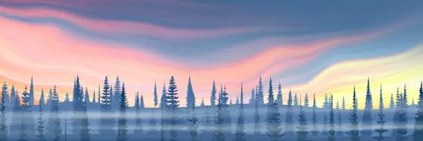 Vector illustration of Fantasy on the theme of the winter landscape. Sunset sky, forest and fog. Vector illustration.