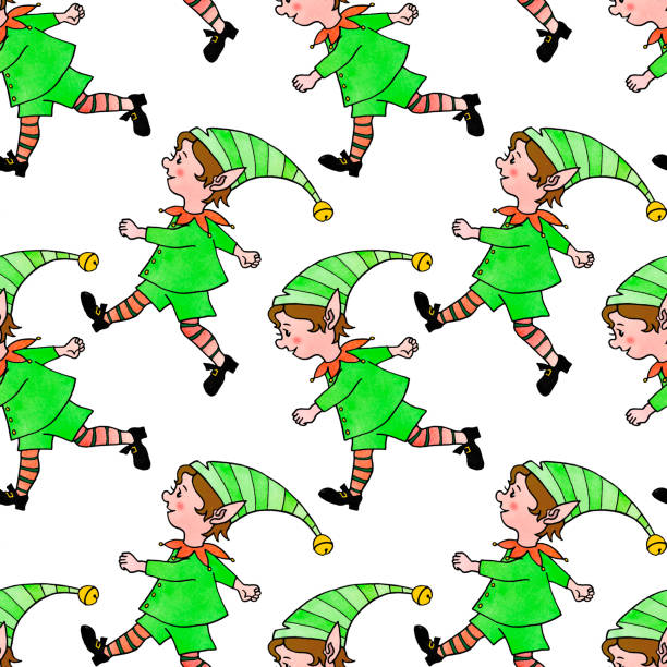 ilustrações de stock, clip art, desenhos animados e ícones de seamless pattern with christmas elves boys. new year xmas watercolor hand drawn backgrounds and textures. for greeting cards, wrapping paper, packaging, textile, fabric, prints - gift box packaging drawing illustration and painting