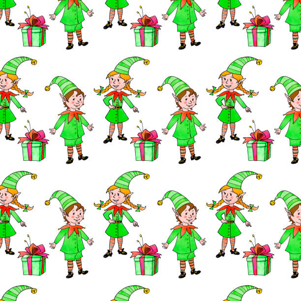 ilustrações de stock, clip art, desenhos animados e ícones de seamless pattern with christmas elfes, gift boxes. new year xmas watercolor hand drawn backgrounds and textures. for greeting cards, wrapping paper, packaging, textile, fabric, prints - gift box packaging drawing illustration and painting
