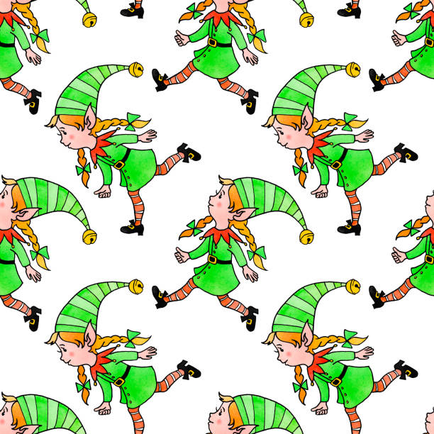 ilustrações de stock, clip art, desenhos animados e ícones de seamless pattern with christmas elves girls. new year xmas watercolor hand drawn backgrounds and textures. for greeting cards, wrapping paper, packaging, textile, fabric, prints - gift box packaging drawing illustration and painting