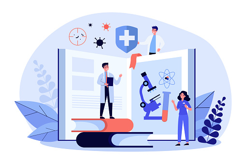 Tiny people learning medicine course. Book, doctor, study flat vector illustration. Education and virology concept for banner, website design or landing web page