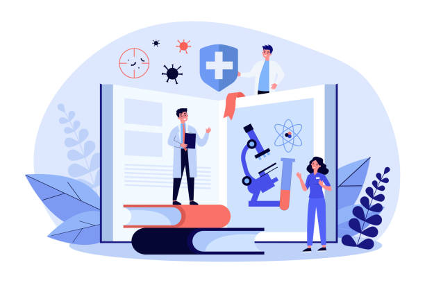 Tiny people learning medicine course Tiny people learning medicine course. Book, doctor, study flat vector illustration. Education and virology concept for banner, website design or landing web page microbiology stock illustrations