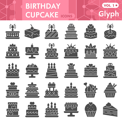 Birthday cupcake solid icon set, Sweets symbols collection or sketches. Sweet pastry glyph style signs for web and app. Vector graphics isolated on white background