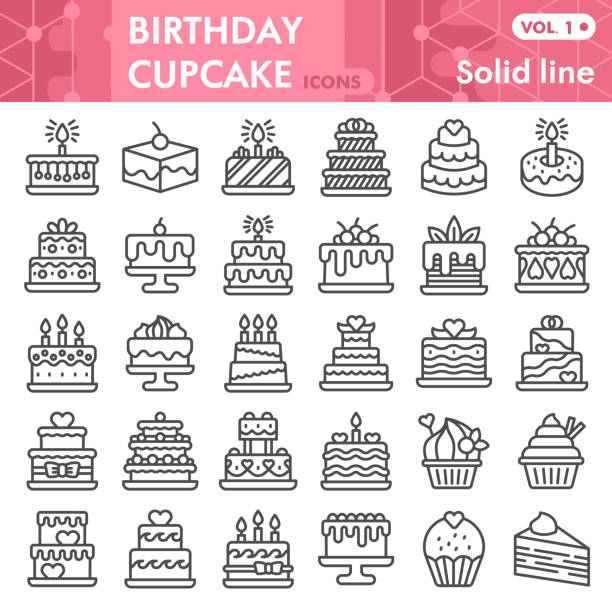 geburtstag cupcake linie symbol-set, süßigkeiten symbole sammlung oder skizzen. süße gebäck lineare stil zeichen für web und app. vektorgrafiken, die auf weißem hintergrund isoliert sind. - cake stock-grafiken, -clipart, -cartoons und -symbole