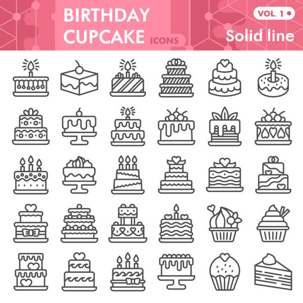 doğum günü cupcake çizgi simgesi seti, sweets sembolleri toplama veya skeçler. web ve uygulama için tatlı pasta doğrusal stil işaretleri. vektör grafikleri beyaz arka planda yalıtılmış. - pasta illüstrasyonlar stock illustrations