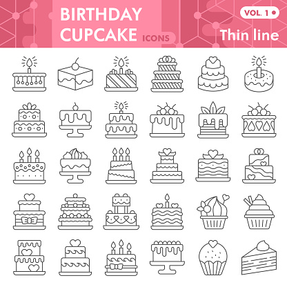 Birthday cupcake thin line icon set, Sweets symbols collection or sketches. Sweet pastry linear style signs for web and app. Vector graphics isolated on white background