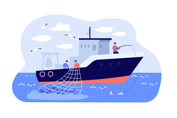 illustrazioni stock, clip art, cartoni animati e icone di tendenza di pescatori barca a vela in mare - industrial ship illustrations