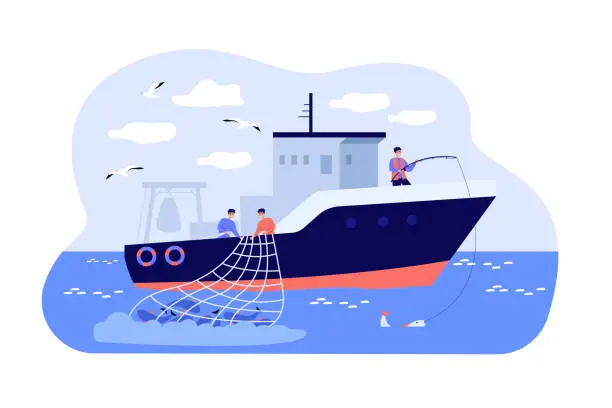 Vector illustration of Fishermen sailing boat in sea