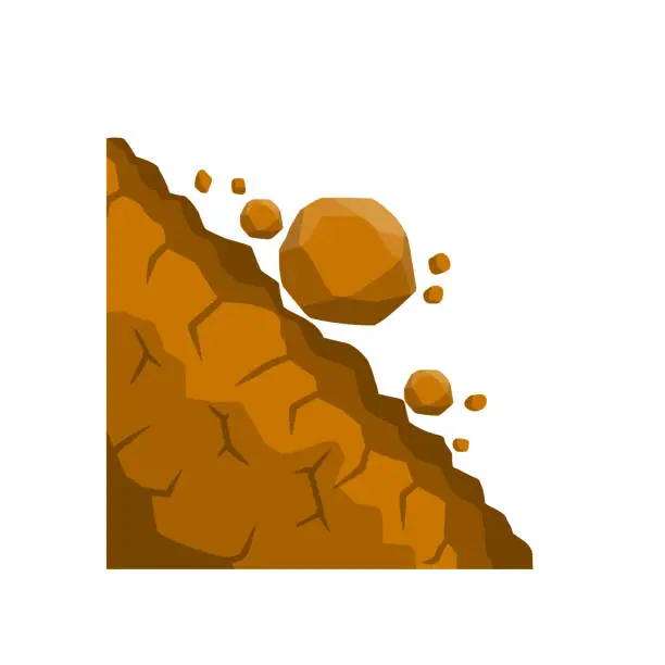 Vector illustration of Rock rolls off a cliff. Falling boulders. Rockfall and landslide.