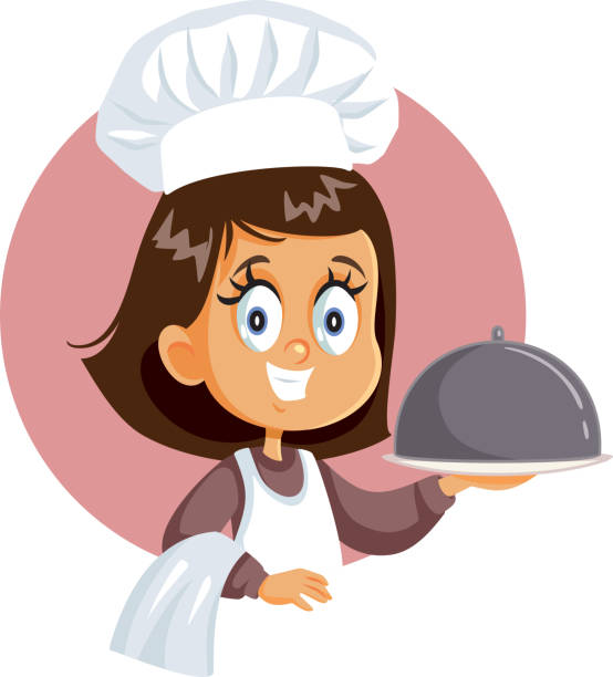 istock Cute Little Chef Girl Holding Cloche Platter 1283980520