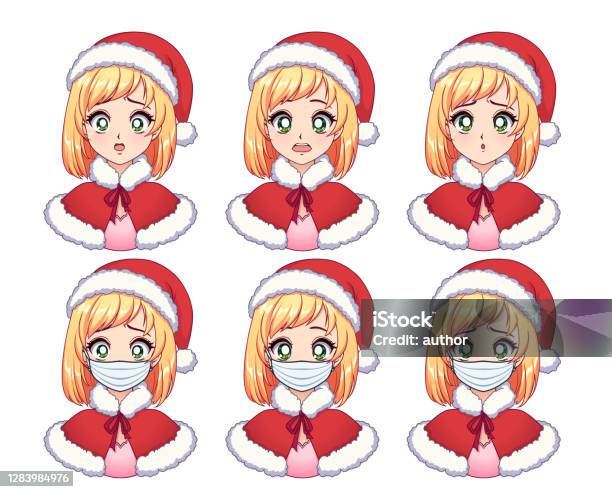 Biểu Thức Anime Được Thiết Lập Cô Gái Tóc Vàng Kawaii Mặc Trang Phục Giáng  Sinh