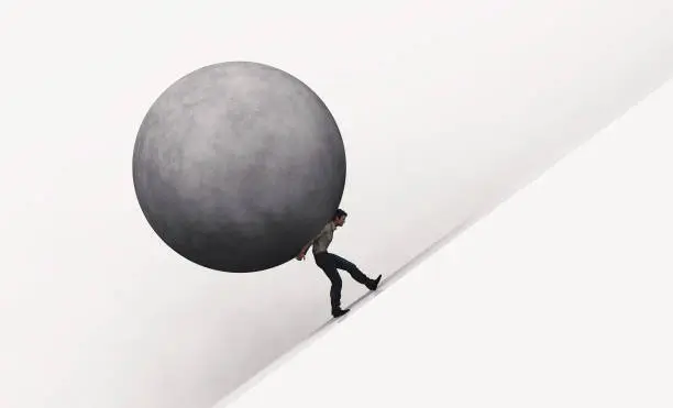 Businessman carry a big spheric stone .  Business problem crisis hardship and burden concept. This is a 3d render illustration .