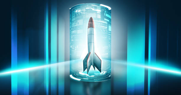 istock Rocket on a futuristic background with neon lights . Start up innovation concept . 1283985070
