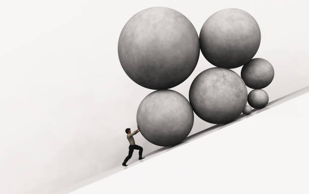 istock Businessman pushing up big stones on a hill .  Business problem crisis and and multiple responsibilities .  This is a 3d render illustration . 1283985089