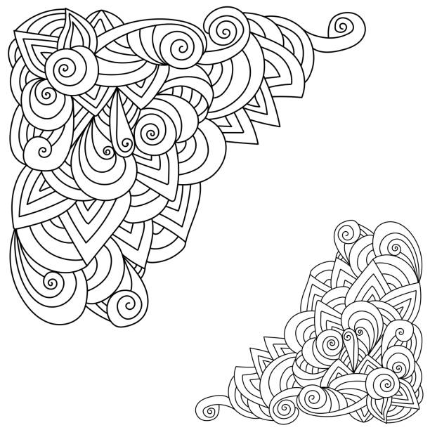 ilustrações de stock, clip art, desenhos animados e ícones de wavy contour corner with zen patterns and wavy spirals, antistress coloring page - corner arc frame swirl