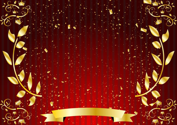 黄金の葉のパターンと赤い縞模様の背景のフレーム - 授賞式点のイラスト素材／クリップアート素材／マンガ素材／アイコン素材