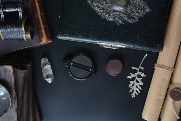 istock Retro composition on desk with traveler items 1283991216
