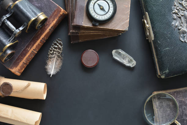 istock Retro composition on desk with traveler items 1283991222