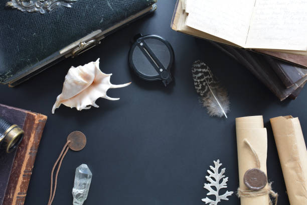 istock Retro composition on desk with traveler items 1283991239