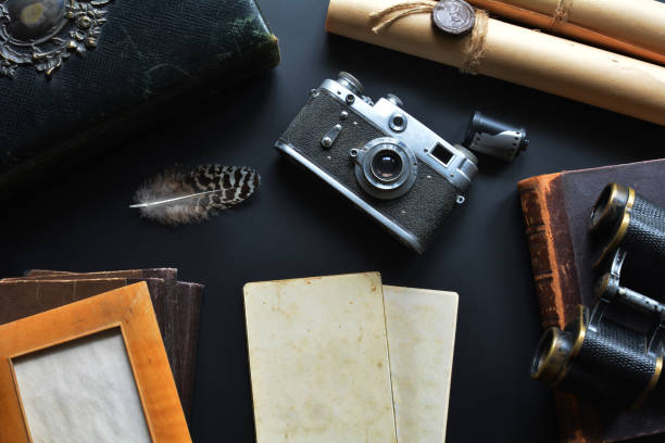 istock Retro composition on desk with traveler items 1283991247