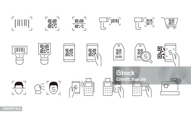 바코드 Qr 코드 및 얼굴 스캔 라인 아이콘 QR코드에 대한 스톡 벡터 아트 및 기타 이미지 - QR코드, 바코드 스캐너, 아이콘
