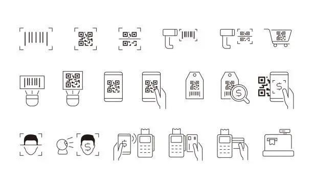 Vector illustration of Bar code, QR code and face scan line icon